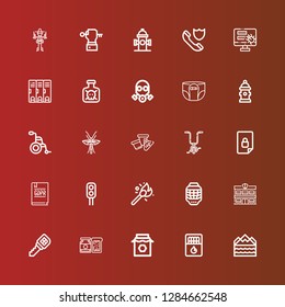 Editable 25 safety icons for web and mobile. Set of safety included icons line Flood, Matches, Jam, Key, Police station, Helmet, Traffic light, GDPR, Locked, Bicycle, Cone on red