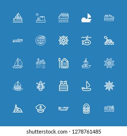 Editable 25 sail icons for web and mobile. Set of sail included icons line Cargo ship, Inflatable boat, Boat, Captain, Jet ski, Ship wheel, Sailing boat, Sailor on blue background