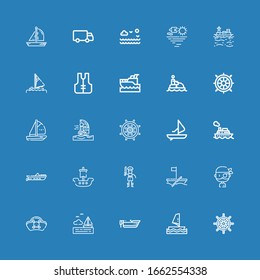 Editable 25 sailboat icons for web and mobile. Set of sailboat included icons line Ship wheel, Windsurf, Boat, Sea, Pirates, Pirate, Ship, Cruise, Rudder, Windsurfing on blue background