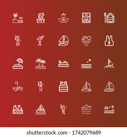 Editable 25 sailboat icons for web and mobile. Set of sailboat included icons line Sea, Pirate, Sailboat, Jet ski, Boat, Sailor, Sail, Boating, Island, Lifejacket, Yatch on red