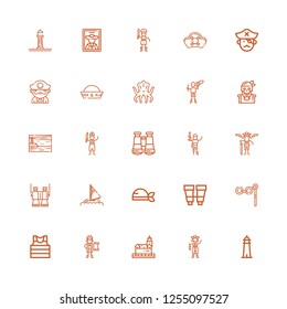 Editable 25 sailor icons for web and mobile. Set of sailor included icons line Lighthouse, Pirate, Sailor, Binoculars, Sail, Pirates, Kraken, Sailor hat on white background