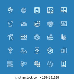 Editable 25 salary icons for web and mobile. Set of salary included icons line Coin, Money, Cash, Budget, Coins, Dollar, Bill, Videocall on blue background