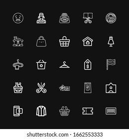 Editable 25 sale icons for web and mobile. Set of sale included icons line Barcode, Coupon, Basket, Jacket, Discount, Tag, Pack, Voucher, Cut, Shopping basket on black background