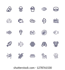 Editable 25 salmon icons for web and mobile. Set of salmon included icons line Jellyfish, Fish, Takoyaki, Shrimp, Lobster, Ribs, Caviar, Clam, Clown fish, Sushi on white background