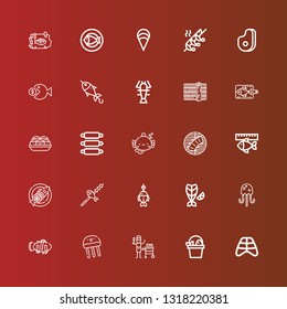 Editable 25 salmon icons for web and mobile. Set of salmon included icons line Ribs, Fish, Jellyfish, Clown fish, Takoyaki, Sushi, Lobster, Meat, Shrimp, Clam on red
