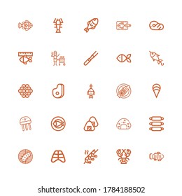 Bearbeitbar 25 Lachs Icons für Web und Mobile. Satz Lachs enthält Symbole der Linie Clownfische, Hummer, Garnelen, Ribs, Onigiri, Fisch, Qualljesfische, Klam, Fleisch, Kaviar auf weißem Hintergrund