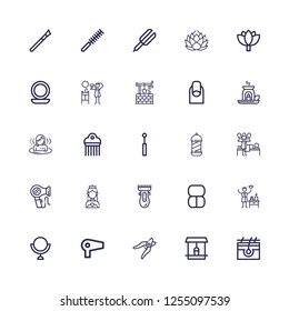 Editable 25 salon icons for web and mobile. Set of salon included icons line Skin, Well, Shears, Hair dryer, Mirror, Spa, Makeup, Clipper, Miss, Massage on white background