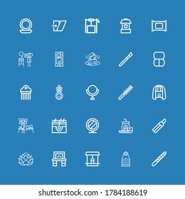 Editable 25 salon icons for web and mobile. Set of salon included icons line Nail file, Sauna, Well, Vanity, Lotus, Shears, Essential oil, Mirror, Skin, Massage on blue background