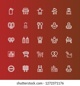 Editable 25 salt icons for web and mobile. Set of salt included icons line Apron, Cooking, Grill, Salt, Seasoning, Pretzel, Spices, Condiment, Utensils, Isotonic on red