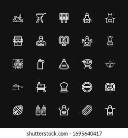 Editable 25 salt icons for web and mobile. Set of salt included icons line Apron, Grill, Condiment, Pretzel, Salt, Cooking, Pan, Isotonic, Spices on black background