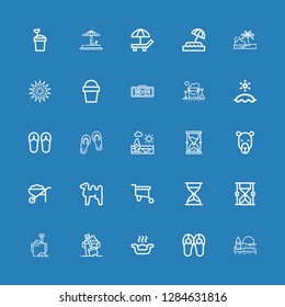 Editable 25 sand icons for web and mobile. Set of sand included icons line Beach, Sandals, Litter box, Sand, Sand bucket, Hourglass, Wheelbarrow, Camel, Digital clock on blue background