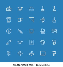 Editable 25 sanitary icons for web and mobile. Set of sanitary included icons line Toilet, Towel, Sink, Pads, Basin, Tissues, Toilet paper, Washbowl, Broom on blue background
