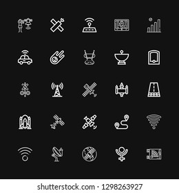 Editable 25 satellite icons for web and mobile. Set of satellite included icons line Wifi, Pluto, Gps, Antenna, Wifi signal, Route, Satellite, Rocket ship on black background