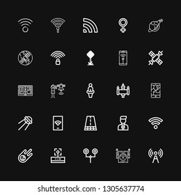 Editable 25 Satellite Icons For Web And Mobile. Set Of Satellite Included Icons Line Signal, Wifi, Road Sign, Meteorite, News Reporter, Road, Sputnik, Gps On Black Background