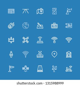 Editable 25 satellite icons for web and mobile. Set of satellite included icons line Moon rover, Antenna, Road, Satellite, Wind signal, Rocket ship, Gps, Wifi on blue background