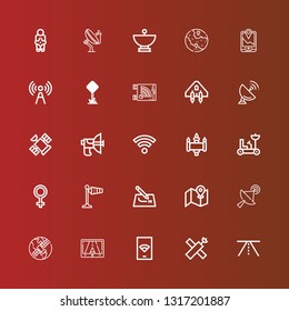 Editable 25 satellite icons for web and mobile. Set of satellite included icons line Road, Satellite, Wifi, Gps, Street map, Route, Wind signal, Venus, Moon rover, Signal on red