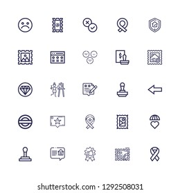 Editable 25 satisfaction icons for web and mobile. Set of satisfaction included icons line Ribbon, Stamp, Recommendation, Review, Emotions, Guarantee, Back on white background