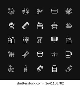 Editable 25 sauce icons for web and mobile. Set of sauce included icons line Hot dog, Mayonnaise, Grill, Ketchup, Jar, Sauces, Takoyaki, Jiaozi, Flambe, Peking duck on black background