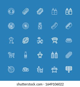 Editable 25 sauce icons for web and mobile. Set of sauce included icons line Grill, Tandoor, Steak, Red bean soup, Hot dog, Condiment, Ketchup, Takoyaki, Barbecue grill on blue background