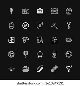 Editable 25 sausage icons for web and mobile. Set of sausage included icons line Sausage, Hot dog, Pancakes, Grill, Dish, Sandwich, Bbq, Breakfast, Hotdog on black background