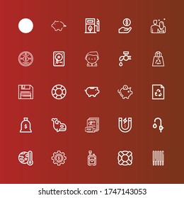 Editierbare 25 speichern Icons für Web und Mobile. Set mit den Ikonen inklusive Sticks, Lifesaver, Blutspende, Dollar, Globale Erwärmung, Faucet, Inhalt, PDF, Orca, Geldbeutel auf rot