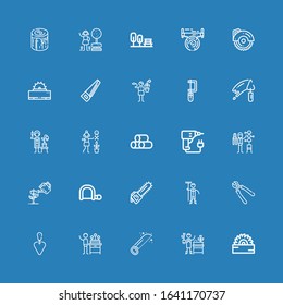 Editable 25 saw icons for web and mobile. Set of saw included icons line Saw, Gardener, Trowel, Pliers, Hacksaw, Garden, Drill, Wood, Circular Log on blue background