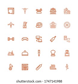 Editable 25 scale icons for web and mobile. Set of scale included icons line Fitness, Measuring tape, Thermometer, Ruler, Temperature, Cooking, Gym, Responsive on white background