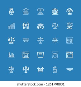 Editable 25 scales icons for web and mobile. Set of scales included icons line Balance, Judge, Scale, Oven, Equalizer, Justice, Grate, Equality, Law, Witness on blue background