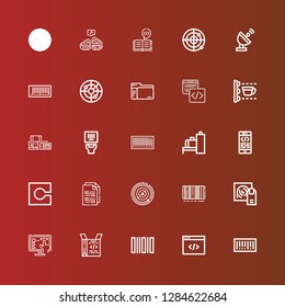 Editable 25 scan icons for web and mobile. Set of scan included icons line Barcode, Coding, Recognition, Fingerprint, Radar, Code, Scanner, Scan, Neural on red