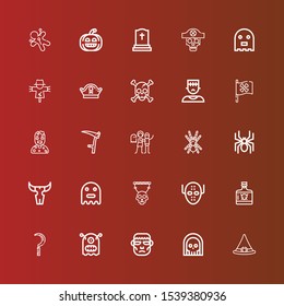 Editable 25 scary icons for web and mobile. Set of scary included icons line Witch hat, Death, Frankenstein, Monster, Scythe, Poison, Serial killer, Skull, Ghost, Spider on red