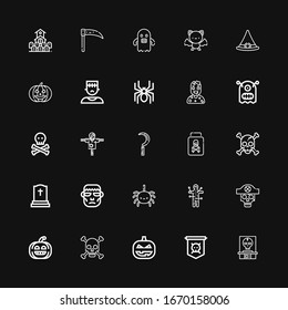 Editable 25 scary icons for web and mobile. Set of scary included icons line Skull, Jolly roger, Pumpkin, Voodoo, Spider, Frankenstein, Tombstone, Poison, Scythe on black background