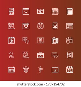 Editable 25 schedule icons for web and mobile. Set of schedule included icons line Calendar, Manager, Organization, Agenda, Schedule, Event, Management on red