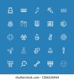 Editable 25 science icons for web and mobile. Set of science included icons line Smart, Test tube, Bone, Magnifying glass, Chemical reaction, Thermometer, Flask on blue background