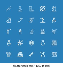 Editable 25 scientific icons for web and mobile. Set of scientific included icons line Blood sample, Molecule, Genetic, Test tube, Chemical reaction, Tube, Flask on blue background