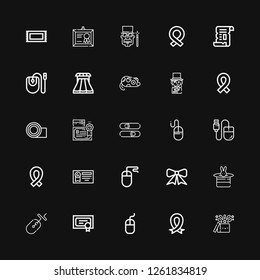 Editable 25 scroll icons for web and mobile. Set of scroll included icons line Magic, Ribbon, Mouse, Diploma, Sliders, Yoga mat, Magician, Papyrus, Rug on black background