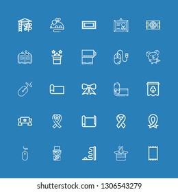 Editable 25 scroll icons for web and mobile. Set of scroll included icons line Carpet, Magic, Mouse, Magician, Ribbon, Paper roll, Banner, Yoga mat, Spellbook on blue background