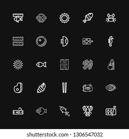 Editable 25 seafood icons for web and mobile. Set of seafood included icons line Sardines, Lobster, Fish, Tuna, Chopsticks, Seashell, Meat, Food, Bacon, Sea urchin on black background