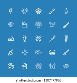 Editable 25 seafood icons for web and mobile. Set of seafood included icons line Fish, Crab, Bacon, Chopsticks, Mussel, Seashell, Food, Lobster, Tuna, Fishing rod on blue background