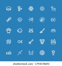 Editable 25 Seafood Icons For Web And Mobile. Set Of Seafood Included Icons Line Lobster, Prawn, Crab, Fish, Tuna, Food, Chopsticks, Bacon, Takoyaki, Fishing Rod On Blue Background