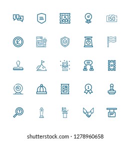 Editable 25 seal icons for web and mobile. Set of seal included icons line Information, Agreement, Awards, Award, Stamp, Quality, Baby hat, Webcam, Seal, Achievement on white background