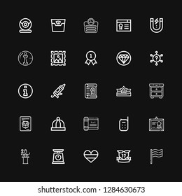 Editable 25 seal icons for web and mobile. Set of seal included icons line Germany, Ribbons, Scale, Awards, Diploma, Baby monitor, Scroll, Baby hat, Certificate on black background