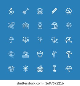 Editable 25 Seasonal Icons For Web And Mobile. Set Of Seasonal Included Icons Line Umbrella, Rake, Pumpkin, Fireworks, Easter Eggs, Lullaby, Acorn, Rain, Celebration On Blue Background