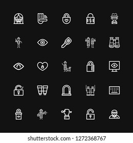 Editable 25 secret icons for web and mobile. Set of secret included icons line Bodyguard, Unlock, Key, Detective, Padlock, Keypad, Binoculars, Lock, Unlocked on black background