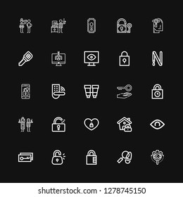Editable 25 secret icons for web and mobile. Set of secret included icons line View, Detective, Padlock, Lock, Key, Unlocked, Padlocks, Binoculars, Locked on black background