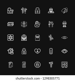 Editable 25 secret icons for web and mobile. Set of secret included icons line Safe deposit, Detective, Unlock, Locked, Observation, View, Keyhole, Padlock on black background