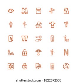 Editable 25 secret icons for web and mobile. Set of secret included icons line Unlock, Locked, Padlock, Hidden camera, Key ring, Detective, Unlocked, Keyhole on white background