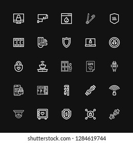 Editable 25 secure icons for web and mobile. Set of secure included icons line Seat belt, Vpn, Shield, Strongbox, Cctv, Unlocked, Clamp, Lockers, Security on black background