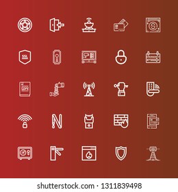 Editable 25 secure icons for web and mobile. Set of secure included icons line Antenna, Shield, Firewall, Access, Safebox, Payment method, Stun gun, Key ring, Unlocked on red