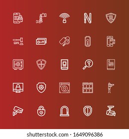 Editable 25 secure icons for web and mobile. Set of secure included icons line Cctv, Shield, Lock, Padlock, Vigilance, Locker, Payment method, Antivirus, GDPR, Password on red