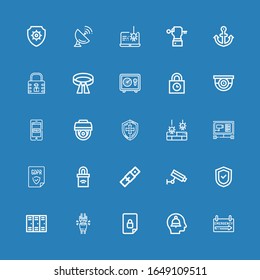 Editable 25 secure icons for web and mobile. Set of secure line icons including: Emergency sign, Alert, Locked, Seatbelt, Lockers, Shield, Cctv, Belt, Padlock on blue background